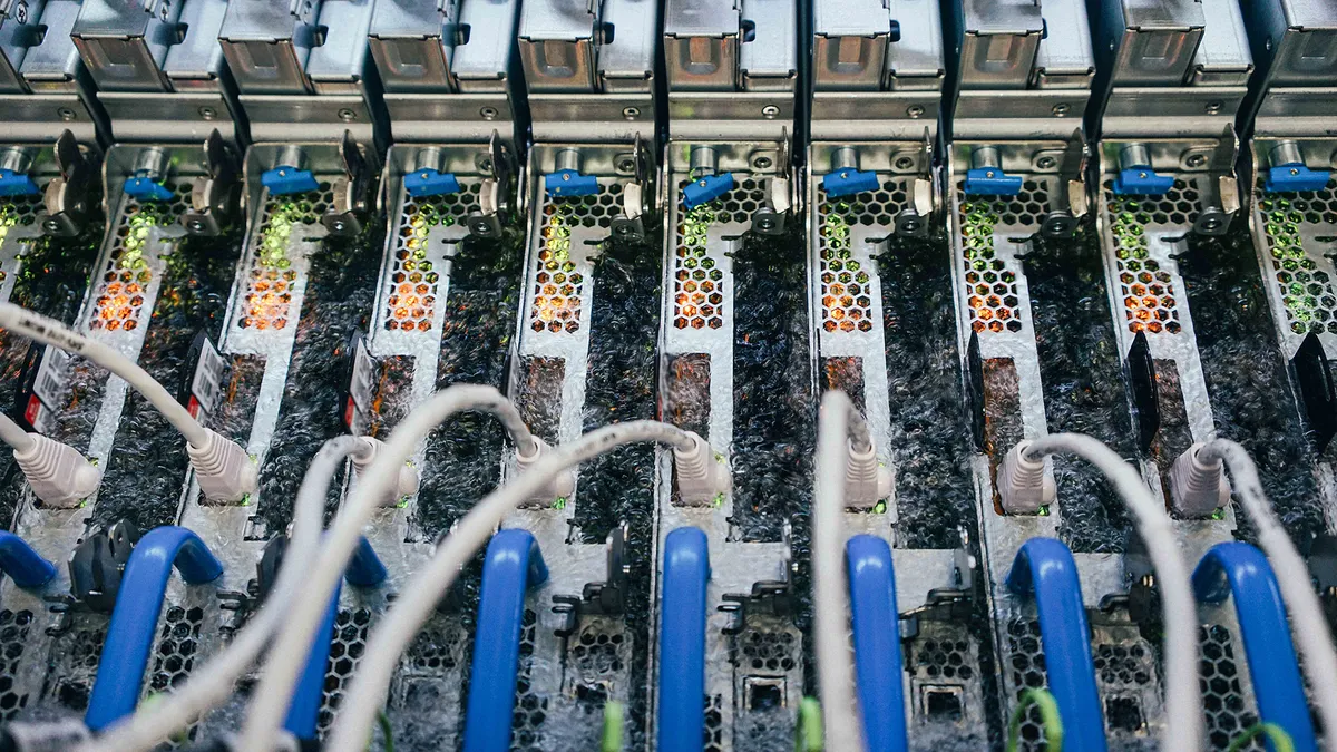 Servers submerged in liquid coolant